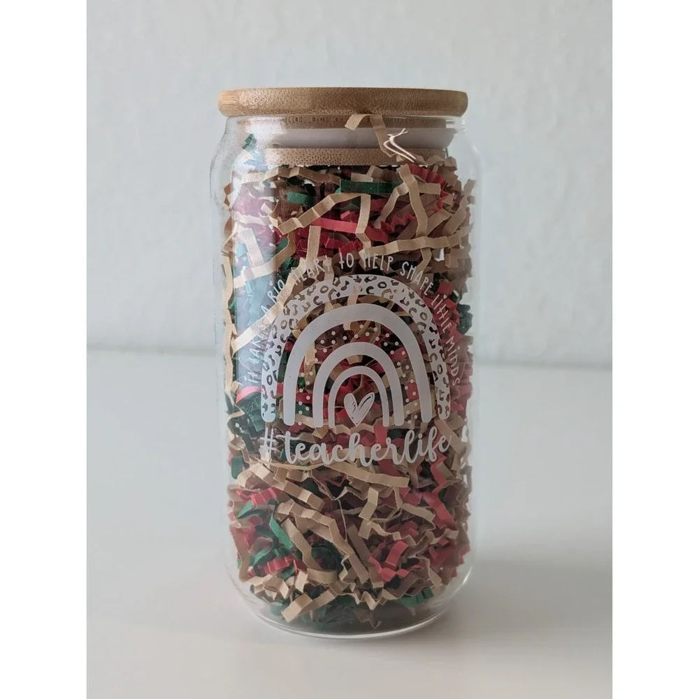 Glass Drinking Cup Bamboo Lid Glass Straw Teacher Appreciation